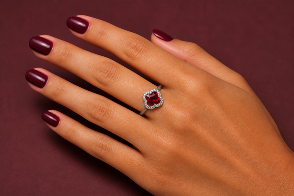 Ruby Blossom Halo Ring in Sterling Silver