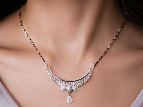 The Crescent Moon Rose Quartz Mangalsutra